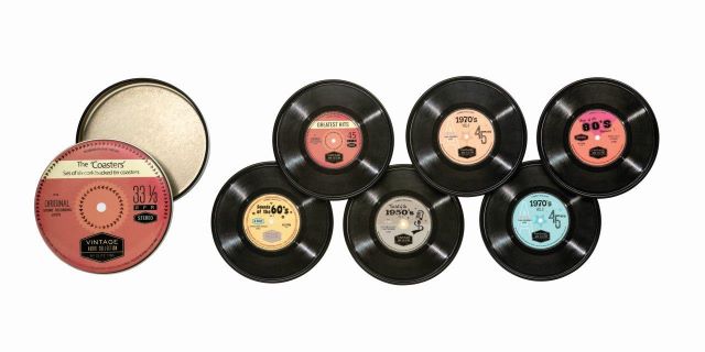 Vintage Audio - Set of 6 tin Coasters ( with cork backing) in storage tin